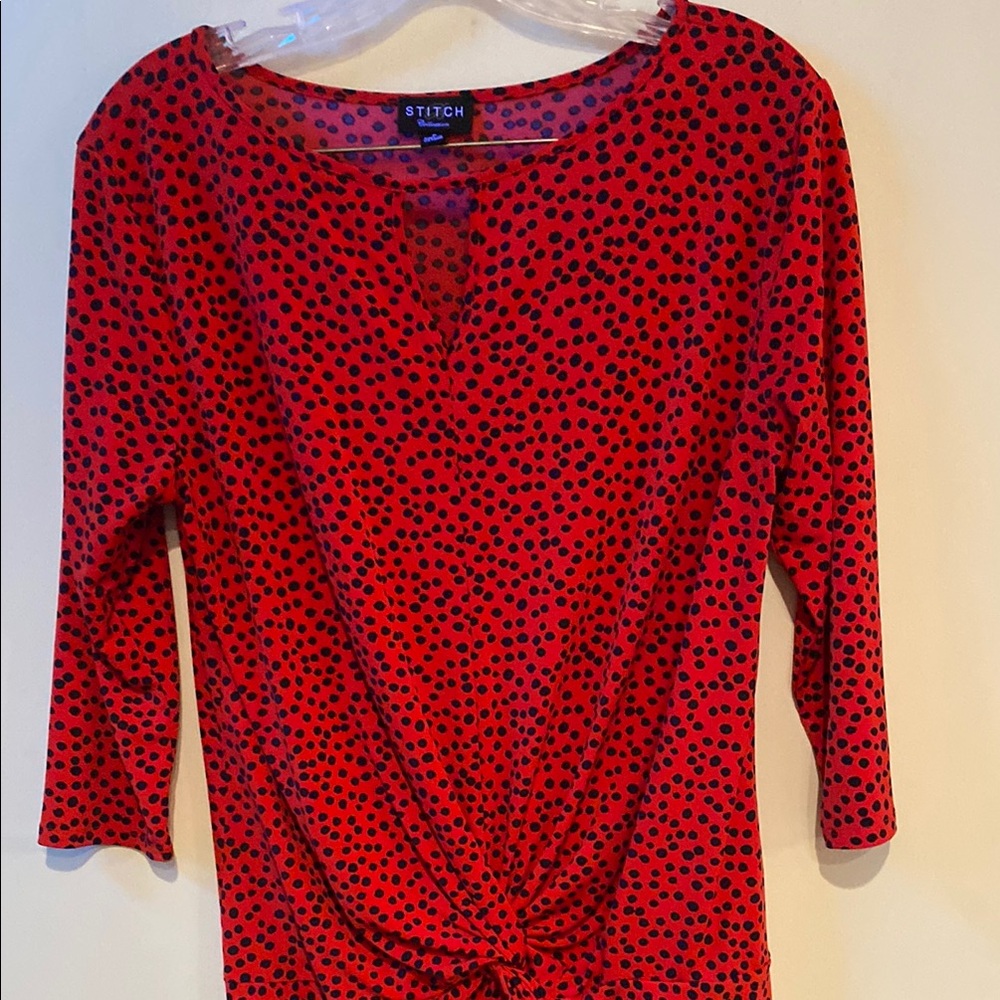 Red and Black Wrap Blouse with Three Quarter Sleeves